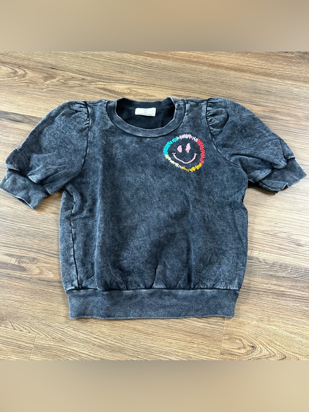 TLA Puff Sleeve Shirt XS French Terry Smiley Face Embroidered Black Mineral Wash